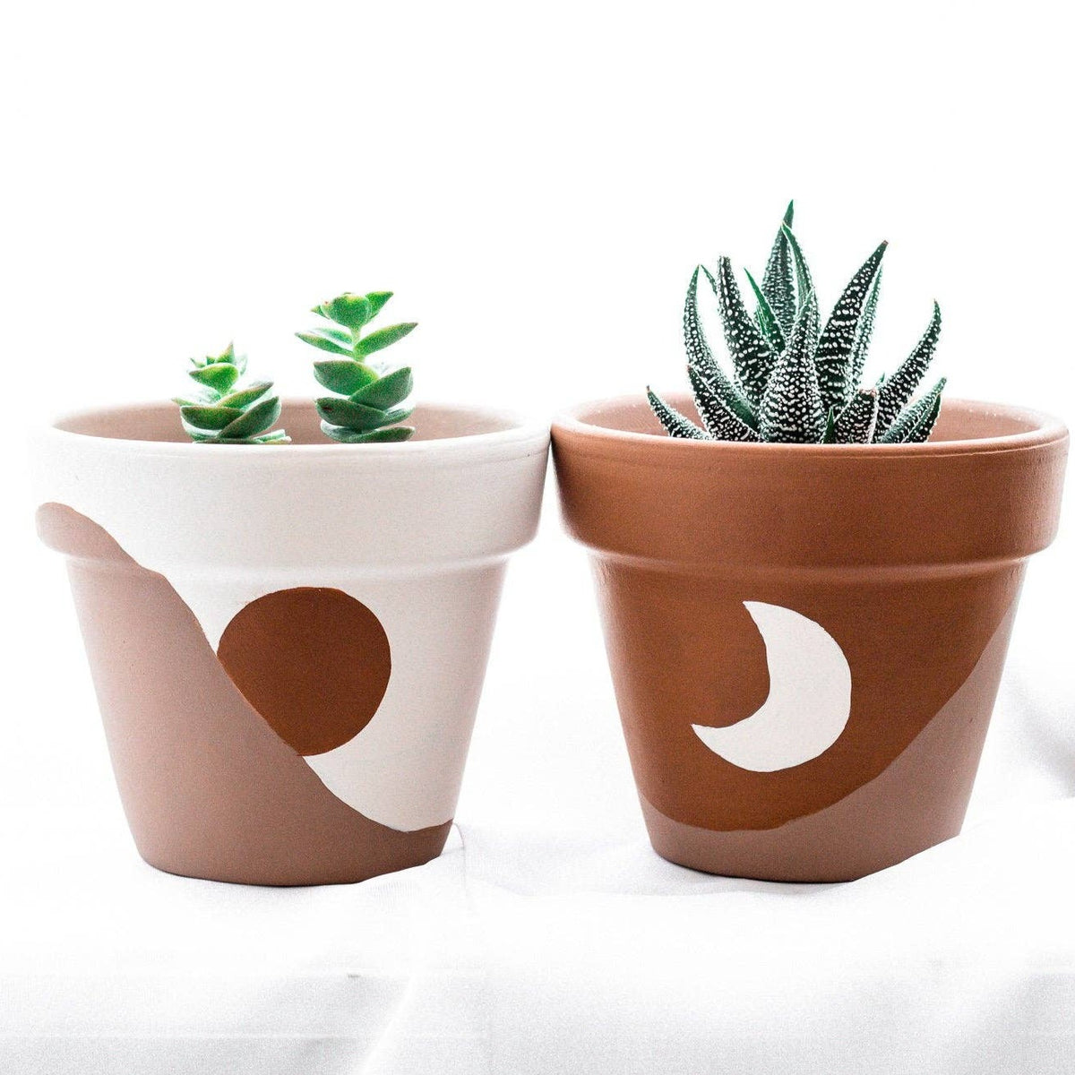 hand painted terracotta plant pots Sun and Moon Pot Set