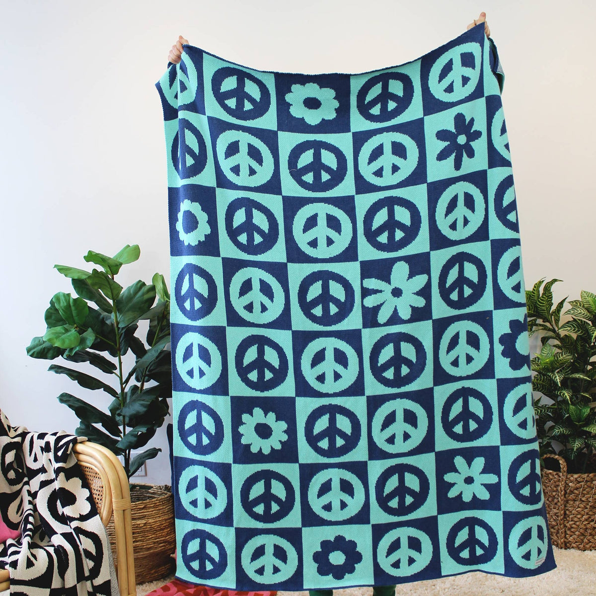 Peace Please Checkered Knit Throw Blanket with Flowers